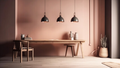 Room in shades of pink with minimalist decor. AI generated