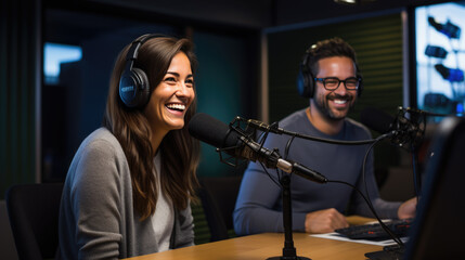 Two people recording a podcast in office.