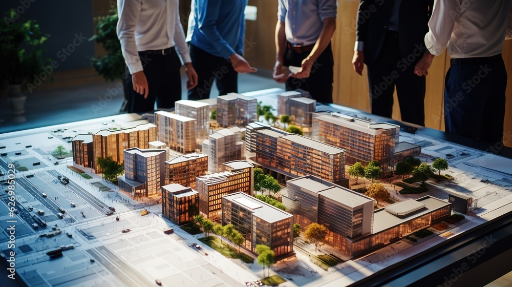 Poster Team of architects and builders looking at building plans laid out on a table in front of a new office block on a large building site with generative ai