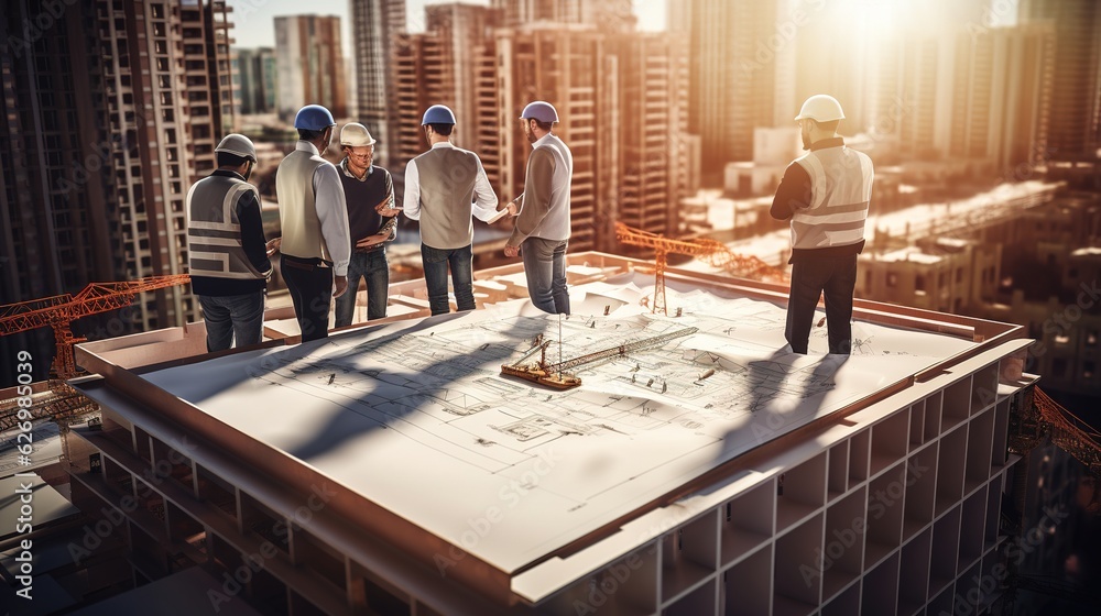 Poster team of architects and builders looking at building plans laid out on a table in front of a new offi
