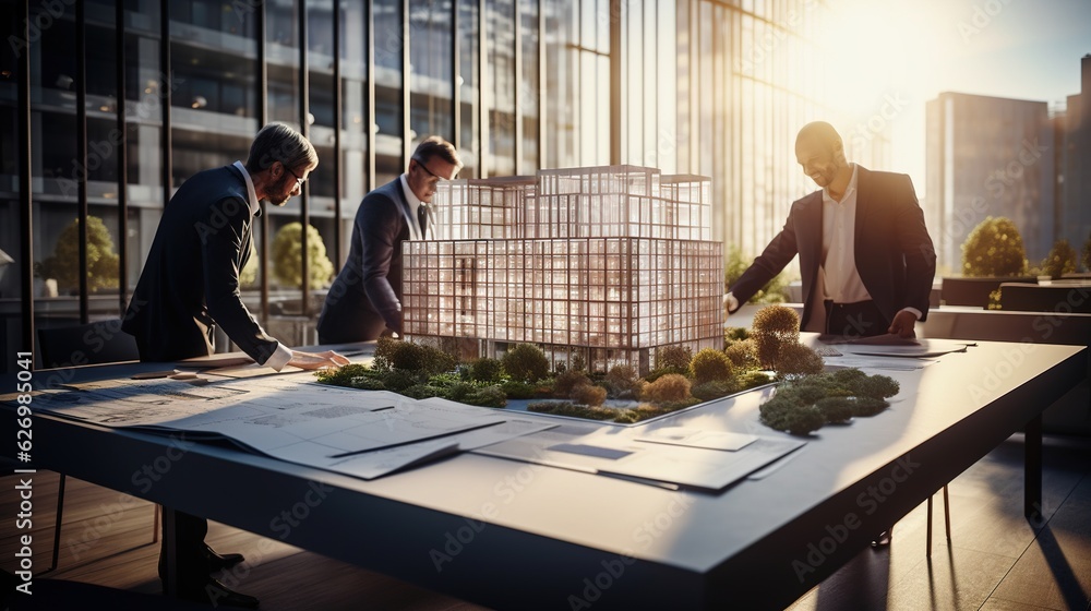 Poster architects and builders looking at building plans laid out on a table in front of a new office block