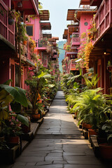 Obraz premium In pink style, capture the vibrant essence of Costa Rica with its pink houses and colorful streets. Generative ai, ai, generative