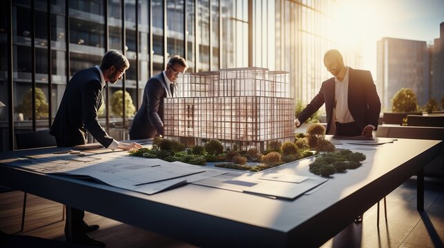 architects and builders looking at building plans laid out on a table in front of a new office block on a large building site with generative ai