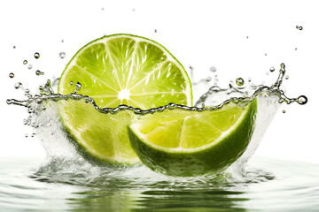 Fresh lime with water splash isolated on white background.Generative Ai.