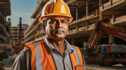 Factory worker wearing a safety helmet in the background of a production line.