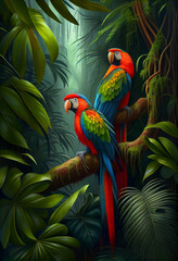 Tropical green jungle with several colored parrots on tree branches. Abstract illustration.