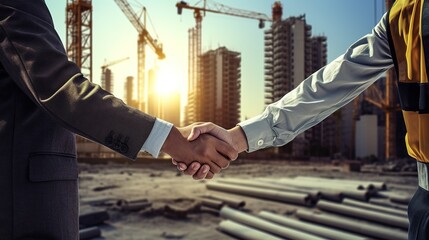 Two co-workers shaking hands as they visiting a building site with generative ai