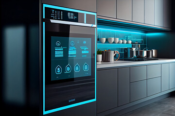 The kitchen of the future with many smart appliances and units with digital displays.