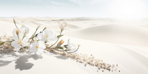 flowers bloom among the sands in the desert. Bright sunny day, beautiful landscape. AI generative
