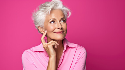 Senior thoughtful woman on pink background looking away. - Powered by Adobe