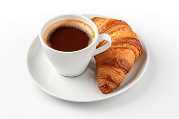 Coffee and croissant bread in basket isolated on white background.Generative Ai.