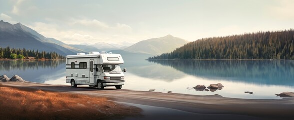 a road trip with an rv traveling down a beautiful country road with a lake and mountain behind it