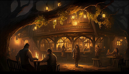 Fantastic fairy tale tavern in the old style. Wooden tables and chairs, a burning fireplace. Twilight, evening. - obrazy, fototapety, plakaty