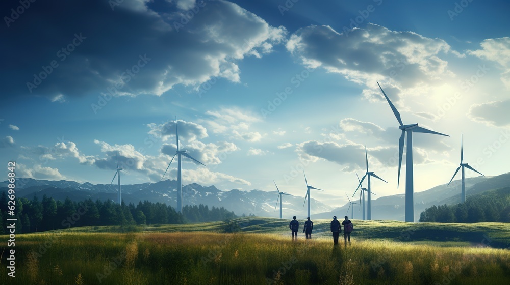 Wall mural Wide perspective of wind turbine engineers walking with coworker in wind farms with generative ai