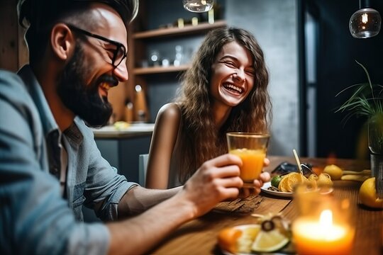 Smiling couple enjoying dinner meal and drink orange juice - Powered by Adobe