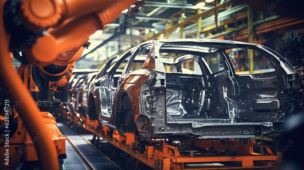 Poster robotic arms welding parts on car body on automated production line. digitally generated image of an