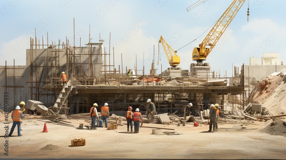 Poster construction site with crane and workers with generative ai