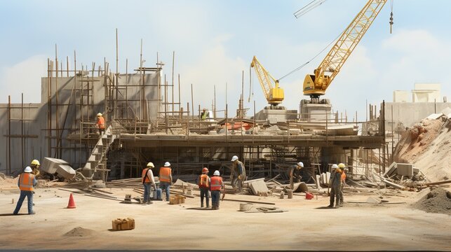 construction site with crane and workers with generative ai