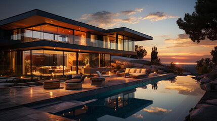 Fototapeta na wymiar modern home with swimming pool, patio, lounge and sunset