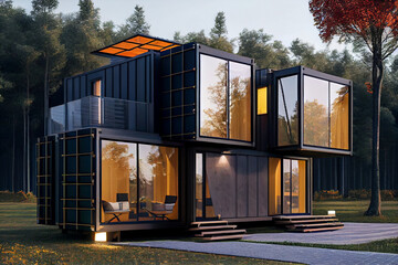 Residential house cottage made of cargo shipping containers. Solar panels on the roof.
