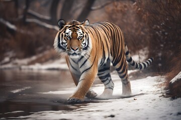 a tiger walking in the snow - Powered by Adobe