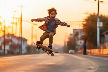 Boy jumping on skateboard at the street.