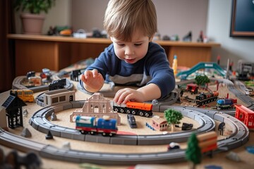 Happy Child Engaged in Creative Play with a Set of Toy Trains for Endless Fun and Exploration