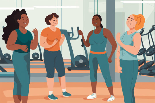 Vector style image of a group of women exercising in the gym and discussing something.