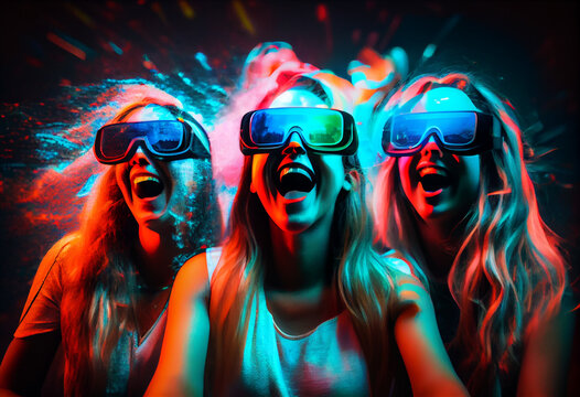 Three Young Women Have Fun Watching Computer Animation With Virtual Reality Glasses. Festival Neon Background. AI Generated.