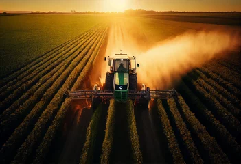 Foto op Canvas View from a drone  work in a collective farm field. The tractor sprays the plants with weed and insect control. © serperm73
