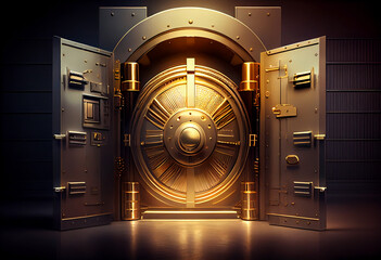 Bank vault; vault for money and gold bars. The massive door of the Federal Reserve Bank. AI generative.