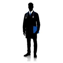 Silhouette of a doctor in a white coat is holding a clipboard in hand. Hand-drawn vector illustration set isolated on white