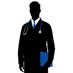 Silhouette of a doctor in a white coat is holding a clipboard in hand. Hand-drawn vector illustration set isolated on white