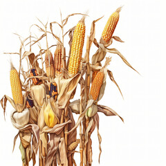 ears of corn on dried stalks harvest isolated on white