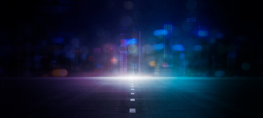 Dark street of the night city, Dark blue background, an empty dark scene, neon, spotlights reflecting on the asphalt floor, and a studio room with smoke floating up, a night view the city