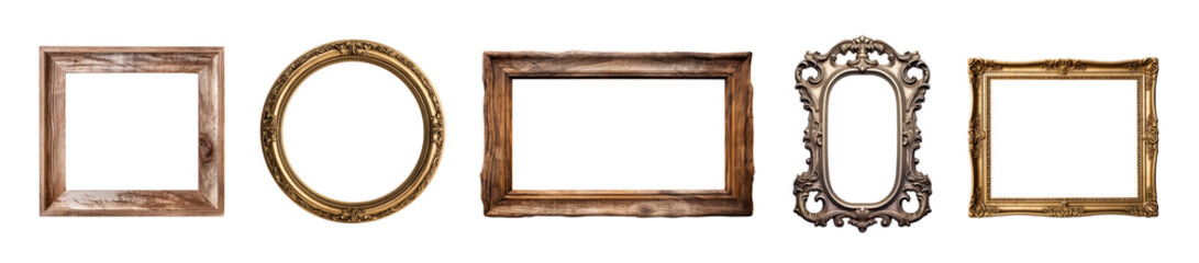 Bundle of vintage retro picture frames. Collection isolated on transparent white background