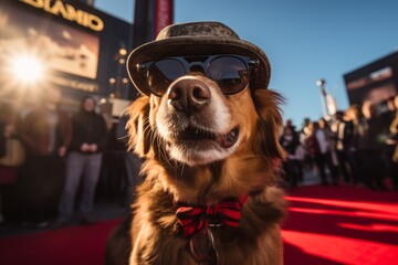 A dog wearing sunglasses and a hat, posing with a camera as if it's a canine celebrity on the red carpet. Generative Ai