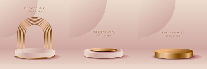 Luxury background with realistic cylinder pedestal podium. Abstract vector rendering geometric forms. Mockup product display. Stand to show products. Minimal wall scene. Stage showcase.