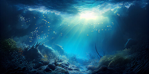 Fototapeta na wymiar Underwater world; the sun's rays illuminate the seabed through the water. AI generated.
