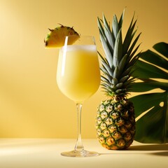 Illustration of a refreshing pineapple juice on a vibrant yellow background created with Generative AI technology