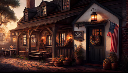 Fototapeta na wymiar View of a cozy tavern, wooden decor. AI generated.