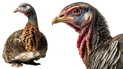 Turkey set. Farm turkey in profile and full face. Turkey close-up. Isolated on a transparent background. KI.