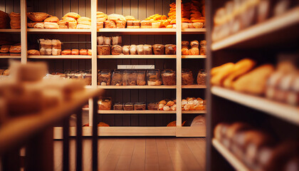 Obraz premium Bakery and pastry department, banner, mockup. Supermarket, grocery store. AI generated.