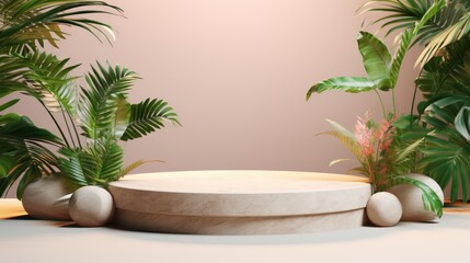 Obraz premium Stone podium for product presentation with green plants. Generative AI 
