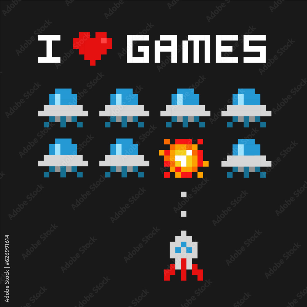 Poster space arcade in 8-bit computer video game style poster with 