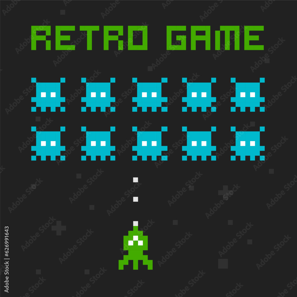Poster Space Arcade in 8-bit retro video game style poster with 