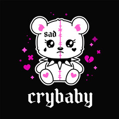 "Crybaby"- y2k Teddy Bear toy in 2000s aesthetic gothic punk style . Emo Gothic 00's tattoo sticker, black and pink colors. Cute Teddy Bear with tattoos and studded collar for y2k print design