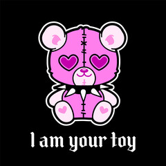 "I'm your toy"- y2k Teddy Bear toy in 2000s aesthetic gothic sticker or print. Emo Goth 00's tattoo sticker black and pink colors. Wrong gothic Teddy Bear toy in studded collar for y2k print design