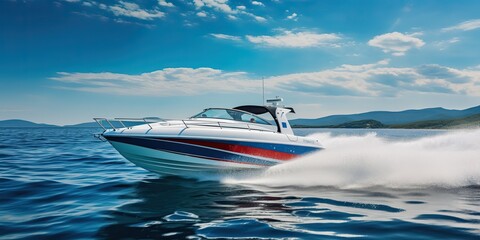 AI Generated. AI Generative. Fast speed boat ship yacht in the open sea ocean cruise vacation. Outdoor water sky adventures - obrazy, fototapety, plakaty
