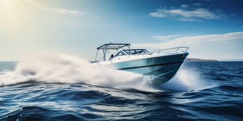 Fototapeta premium AI Generated. AI Generative. Fast speed boat ship yacht in the open sea ocean cruise vacation. Graphic Art